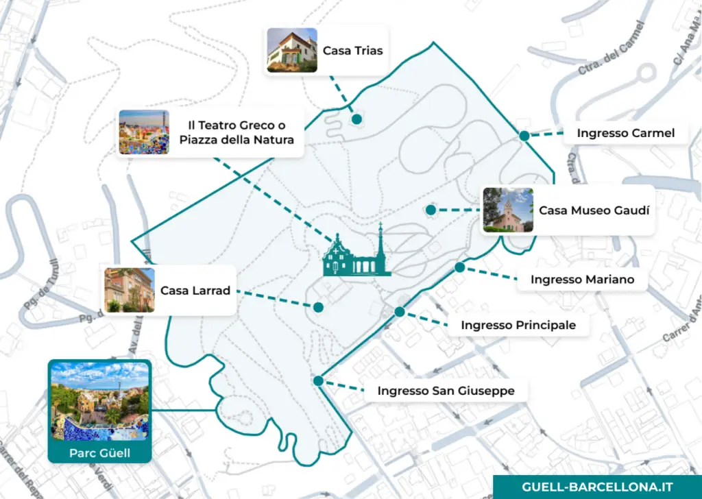Map of Park Güell, Barcelona, showing attractions like Casa Trias, Casa Museo Gaudí, and Il Teatro Greco.